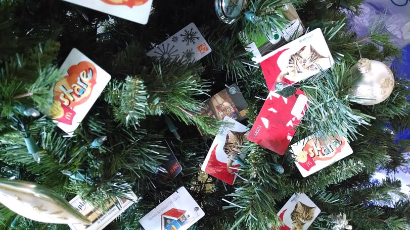Gift card displays make impulse buys festive. 